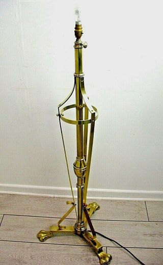 Old Antique Brass Electric Telescopic Standard Floor Lamp With Lion Feet Base