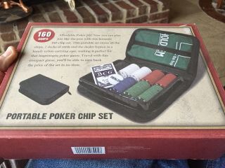 Portable Poker 160 Chip Set Zippered Case Deck Cards,  Felt & Dealer Button