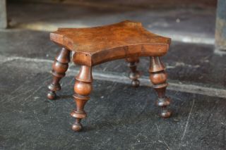 Antique Burr Walnut Turned Leg Miniature Stool Table Stand