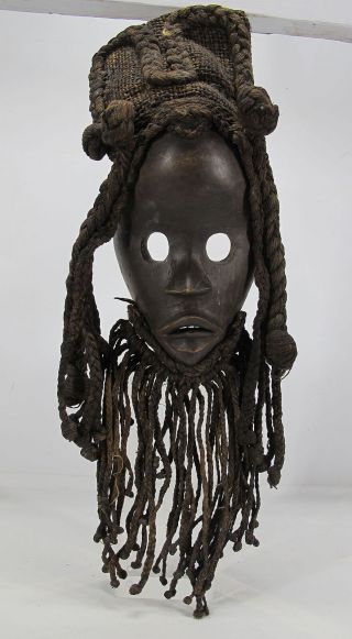 Antique African Dan Tribe Hand Carved Wood & Woven Hair Mask Côte D’ivoire Yqz
