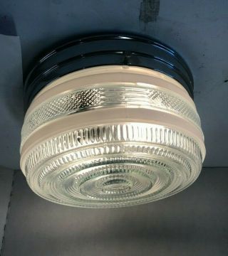 Nos Vintage Round 8 1/2 " Drum Ceiling Fixtures Light,  Chrome White Shade