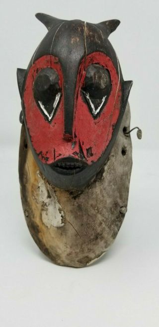 Old Vintage Red Horned Antique Guro Baule Ivory Coast Mask With Horns
