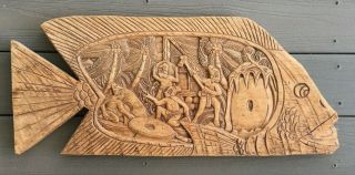 Large Vintage Palau Yap Island Carved Story Board - Stone Money Fish