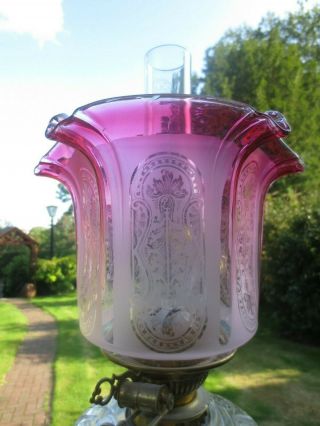 Antique Victorian Veritas Cranberry Etched Parafin Kerosene Oil Lamp Shade
