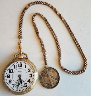 Elgin Railroad Pocket Watch 21j Bw Raymond 10k Gold Filled W Chain Liberty Coin