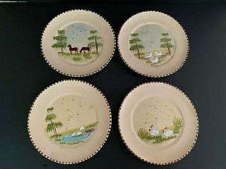Vintage Set 4 Italy Lamas Hand Painted Plates Sheep Horses Rooster Italian
