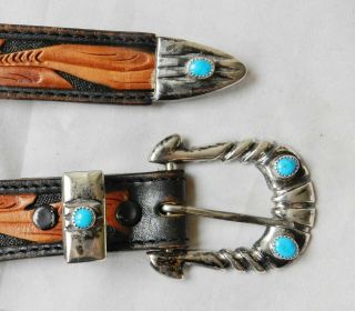 Vintage Navajo F.  L.  Begay Sandcast Sterling Silver Turquoise Ranger Belt Buckle