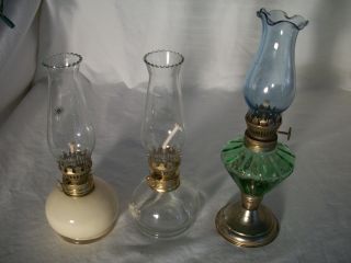 Vintage Oil Lamps (3) Clear - Green - Pearl 2=8 " H. ,  1=10 " H.  Italy & China Made