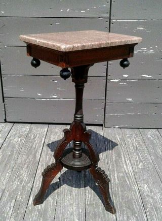 Antique Victorian Carved Walnut Marble Top Plant Display Stand Table 1890 Era
