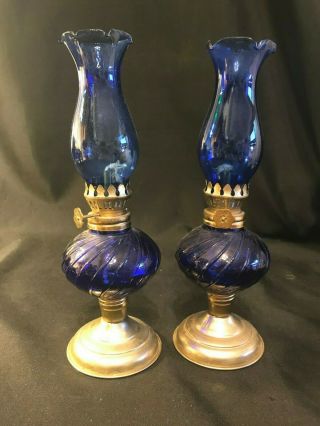 (2) Vintage Blue Glass Miniature Kerosene Oil Lamps Hong Kong Metal Base