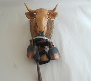 Vintage Bull With Copper Cowbell Wind Chimes Plastic Cow Head Mount Germany