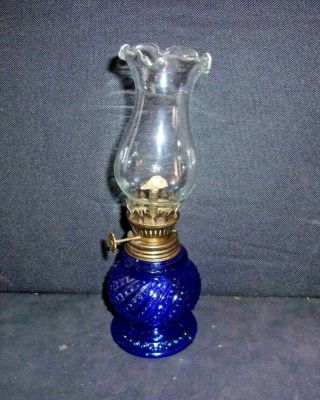 Vintage Mini Cobalt Blue Oil Lamp Hobnail Pattern 7 3/4 " Tall 29