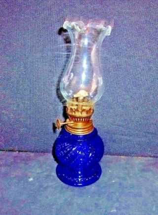 Vintage Mini COBALT BLUE Oil Lamp HOBNAIL Pattern 7 3/4 
