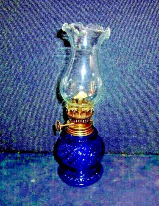 Vintage Mini COBALT BLUE Oil Lamp HOBNAIL Pattern 7 3/4 