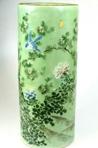 Antique Chinese Celadon Porcelain Umbrella Stand Blue Bird Early 20th Century