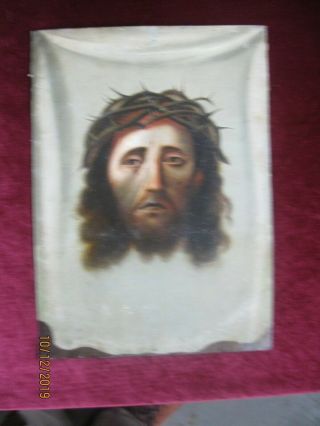 ANTIQUE RETABLO ON TIN WITH THE IMAGE OF JESUS FACE ON VERONICA ' S VEIL 2