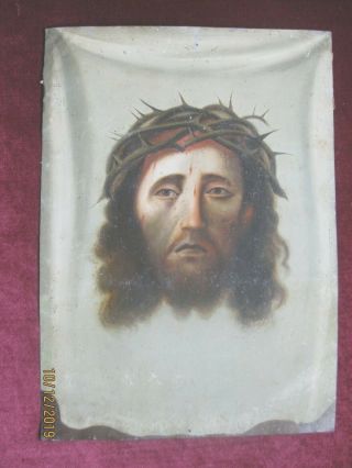 ANTIQUE RETABLO ON TIN WITH THE IMAGE OF JESUS FACE ON VERONICA ' S VEIL 3