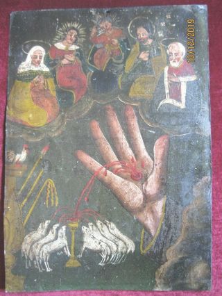 Antique Retablo On Tin With The Images Of The Mano Poderosa And Usual Symbols
