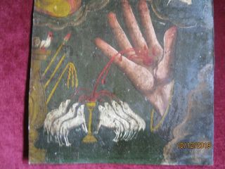 ANTIQUE RETABLO ON TIN WITH THE IMAGES OF THE MANO PODEROSA AND USUAL SYMBOLS 3