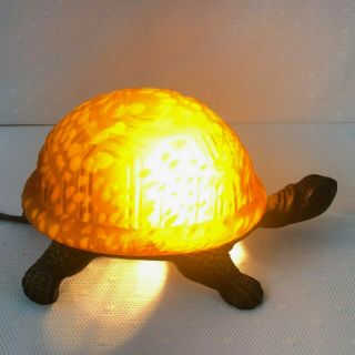 Turtle Shaped Accent Lamp Light Glass Shell Cast Iron Bronze Colored Base