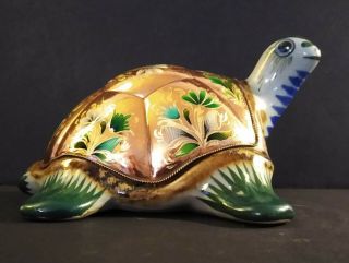 Vintage Tonala El Palomar Mexican Pottery Turtle W/ Tortoise Copper Shell