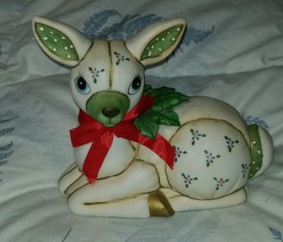 Vintage Lefton Ceramic Christmas Deer Fawn With Red Bow Lefton Holly Deer 6 "