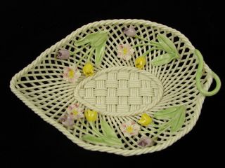 Vintage Floral Belleek Rose Isle Ireland Lattice Dish Woven Porcelain Basket