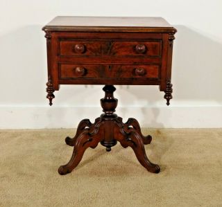 Antique Victorian Empire Rococo Flame Walnut Sewing Work Table Stand 1840s 50s