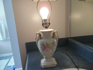 Vintage Mid Century Ceramic Table Lamp Swans Over Flowers