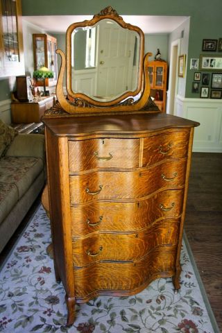 Antique C1900 American Tiger Oak Beveled Mirror Serpentine 6 Dwr Highboy Dresser