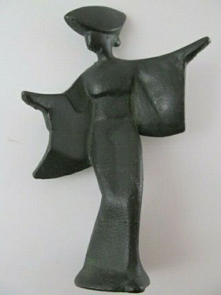 Vintage Mid - Century Modern Black Verdigris Cast Iron Japanese Geisha Statue - Euc