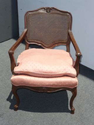 Vintage French Provincial Cane Back Pink Arm Chair Wood Carved Frame