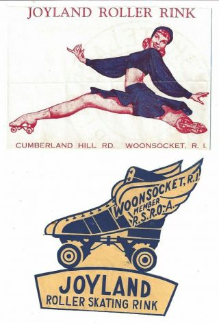 (2) Vintage 1950 Roller Skating Rink Decals Labels - Woonsocket,  Rhode Island
