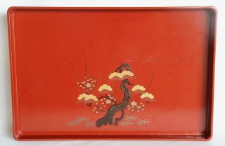 Japanese Vintage Lacquer Ware Tray Wood Rectangle Red Makie 36.  3 Cm 13inch