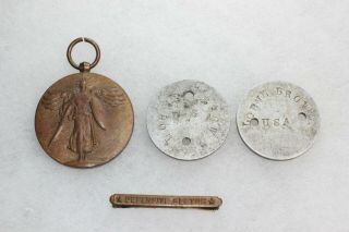 Us Ww1 Dog Tag Set Victory Medal Defensive Sector Bar Grouping.  Named.  M347