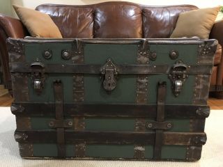 Vintage Green Wood Steamer Trunk Chest Coffee Table Storage Old Antique