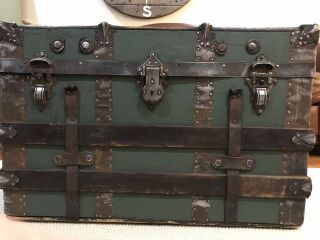 Vintage Green Wood STEAMER TRUNK chest coffee table storage old antique 2