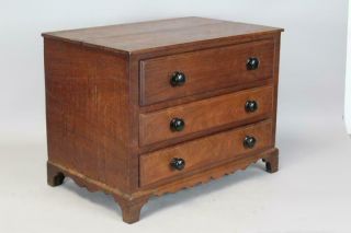 An Extremely Rare 18th C Pa Miniature 3 Drawer Chest Bracket Feet Scrolled Apron