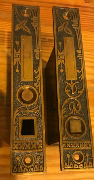 Pair Antique - Vintage Eastlake Pocket Door Mortise Locks With Key - Leaf Design