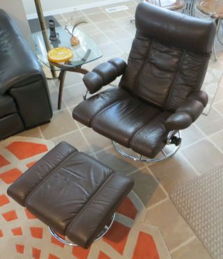 Vtg.  Ekornes Stressless Chrome & Brown Leather Recliner Lounge Chair & Ottoman