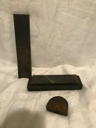 2 Antique Whet Stone Knife Sharpener Stone Wood Case & Metal Weight Old Tool
