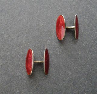 Vintage Norway David Andersen Sterling Red Guilloche Enamel Cuff Links Two Sided