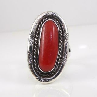 Vtg Native American Sterling Silver Red Coral Ring Size 6.  5 Lfk4