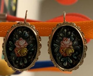 Vintage 14k Yellow Gold Hand Painted Floral Design (france) Oval Dangle Earrings
