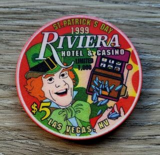 $5 Las Vegas Riviera St.  Patrick Day 1999 Casino Chip - Near