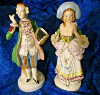 Vintage Victorian Hand Painted Porcelain 8 1/2 " Figurines Woman And Man Japan