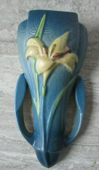 Old Vintage Roseville Art Pottery Zephyr Lily Blue Wall Pocket 8 "