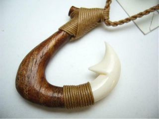 32mm Composite Koa Wood Water Buffalo Bone Hawaiian Fish Hook Necklace