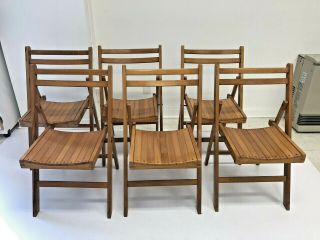 6 Vintage Wood Folding Chairs Set Slat Country Wooden Bistro Wedding Mid Century