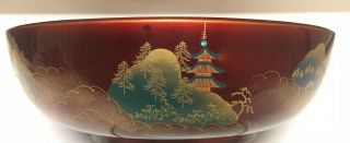 Vintage Red Laquer Japanese Japan Asian Wooden Bowl Hand Painted 12 Inches